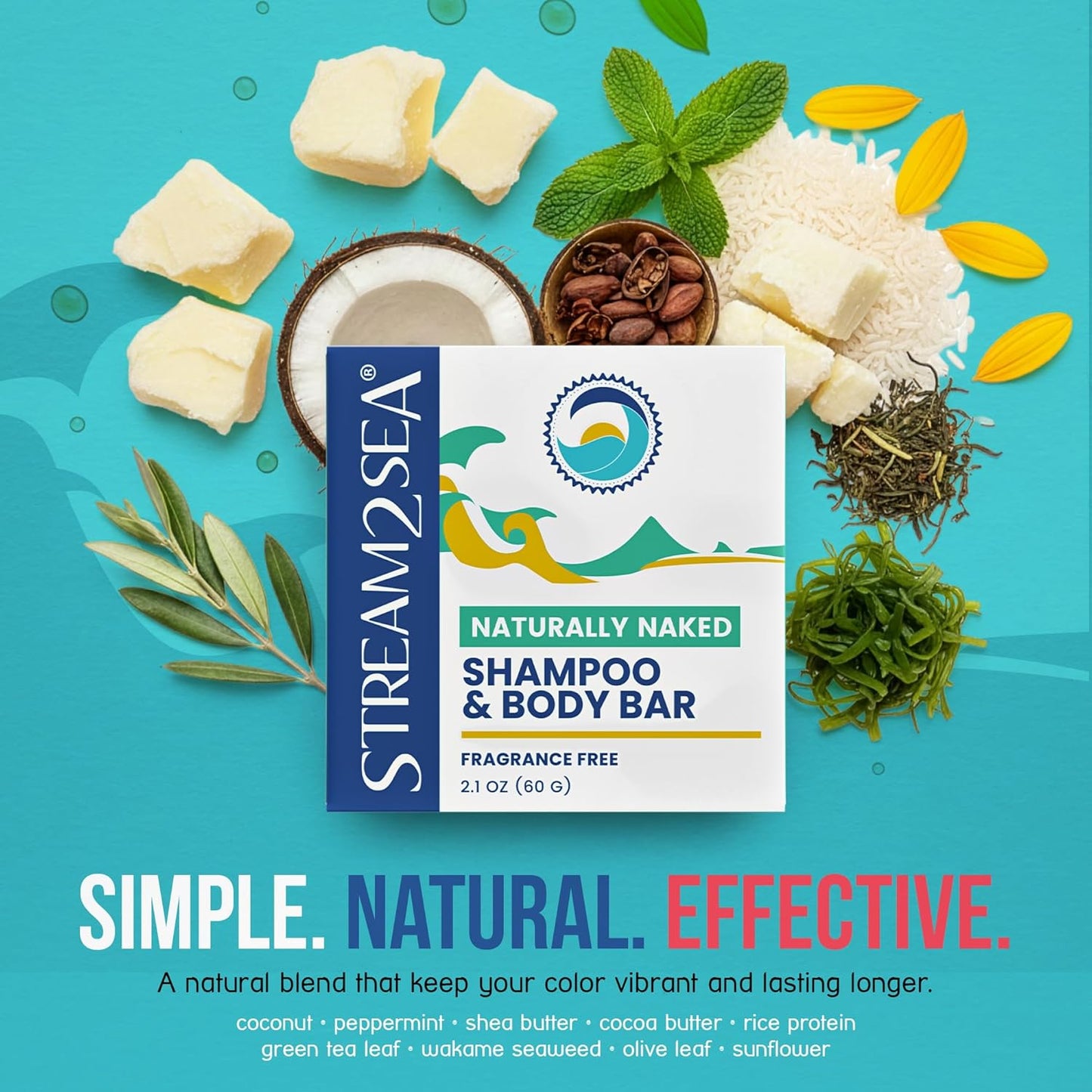 STREAM 2 SEA Reef Safe Body & Shampoo Bar - Fragrance-Free, Gentle for Sensitive Skin - 2.1 oz with Shea & Cocoa Butter