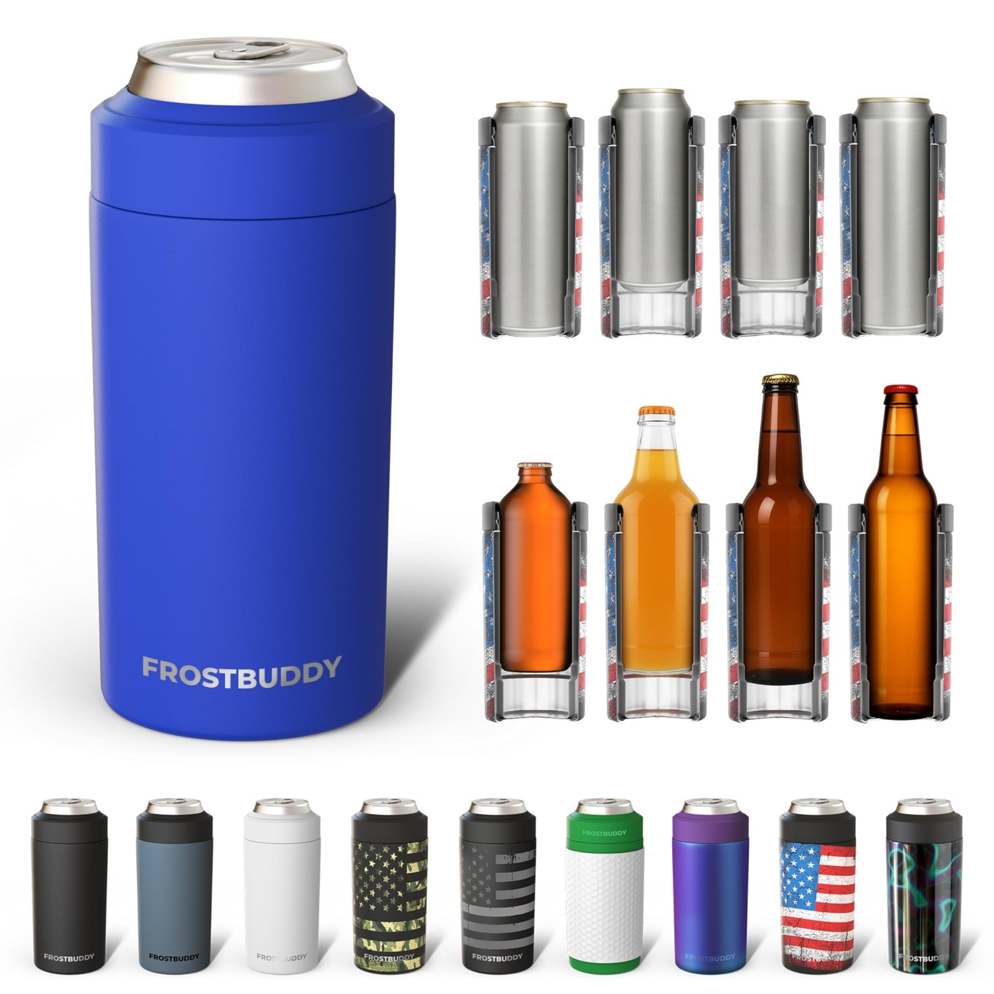 Frost Buddy Universal Buddy Can Cooler - Fits All - For Regular 12 & 16 oz or Slim-Size Bottles - Insulated Double -Walled Stainless Steel (All white)