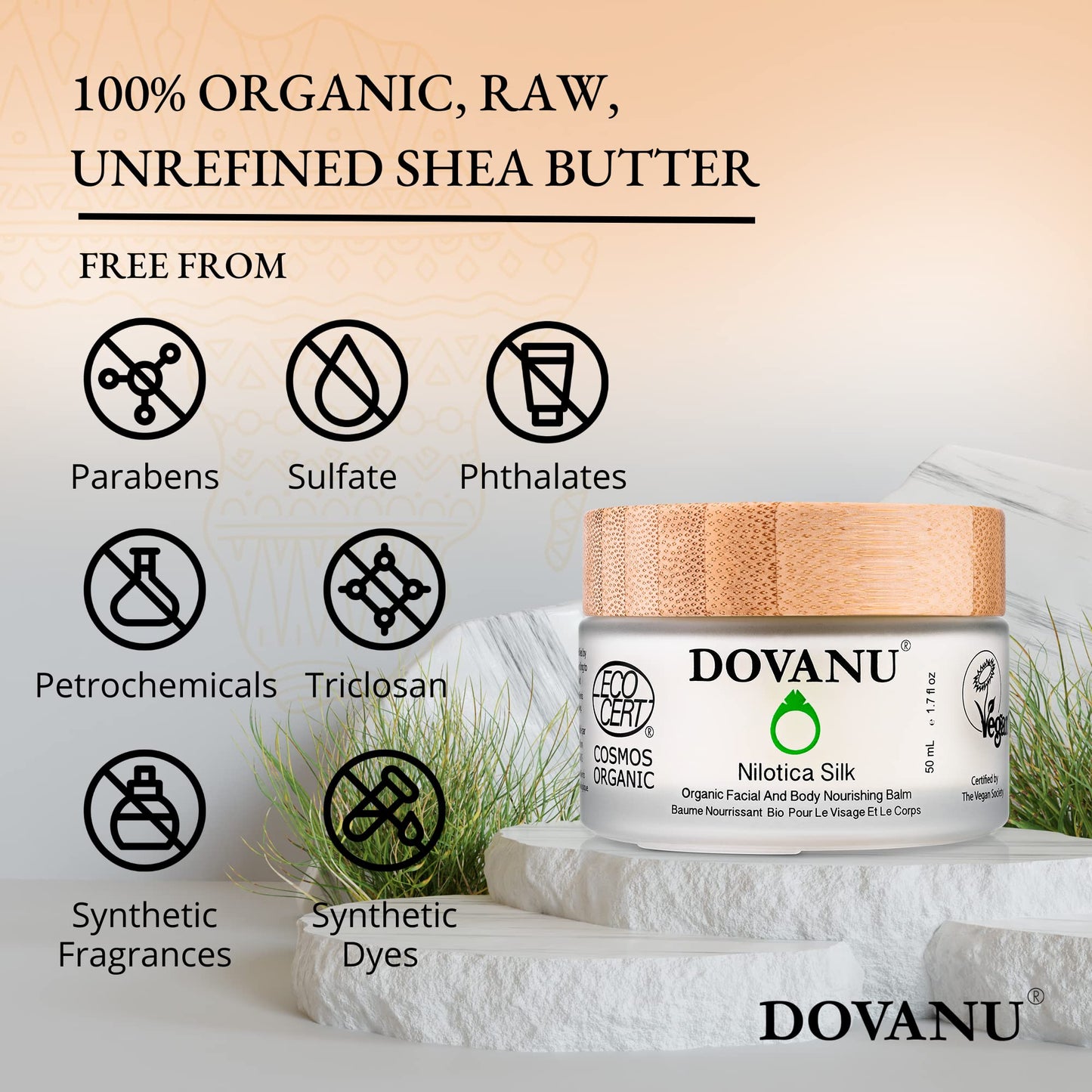 DOVANU Nilotica Silk East African Shea Butter Raw Organic & Vegan for All Skin Types - Ultimate Hydration & Repair - Paraben, GMO, & Fragrance Free - 1.7 fl oz Jar