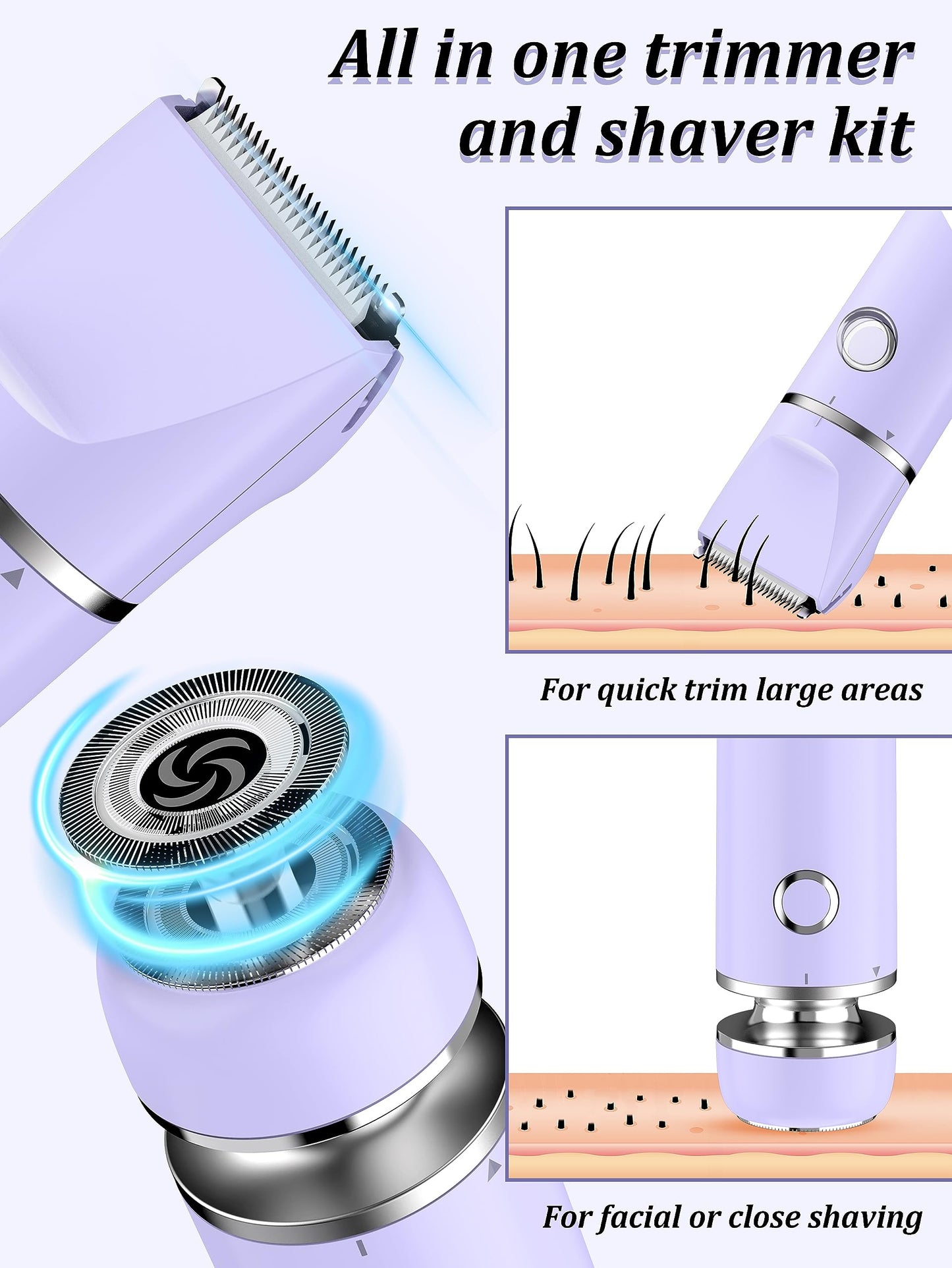 Cayzor Bikini Trimmer and Shaver Kit for Women - 2-in-1 Wet/Dry Electric Body Hair Trimmer Facial Hair Removal Cordless Waterproof Bikini Shaver Razor for Face Lip Chin Pubic Underarm Legs (Purple)