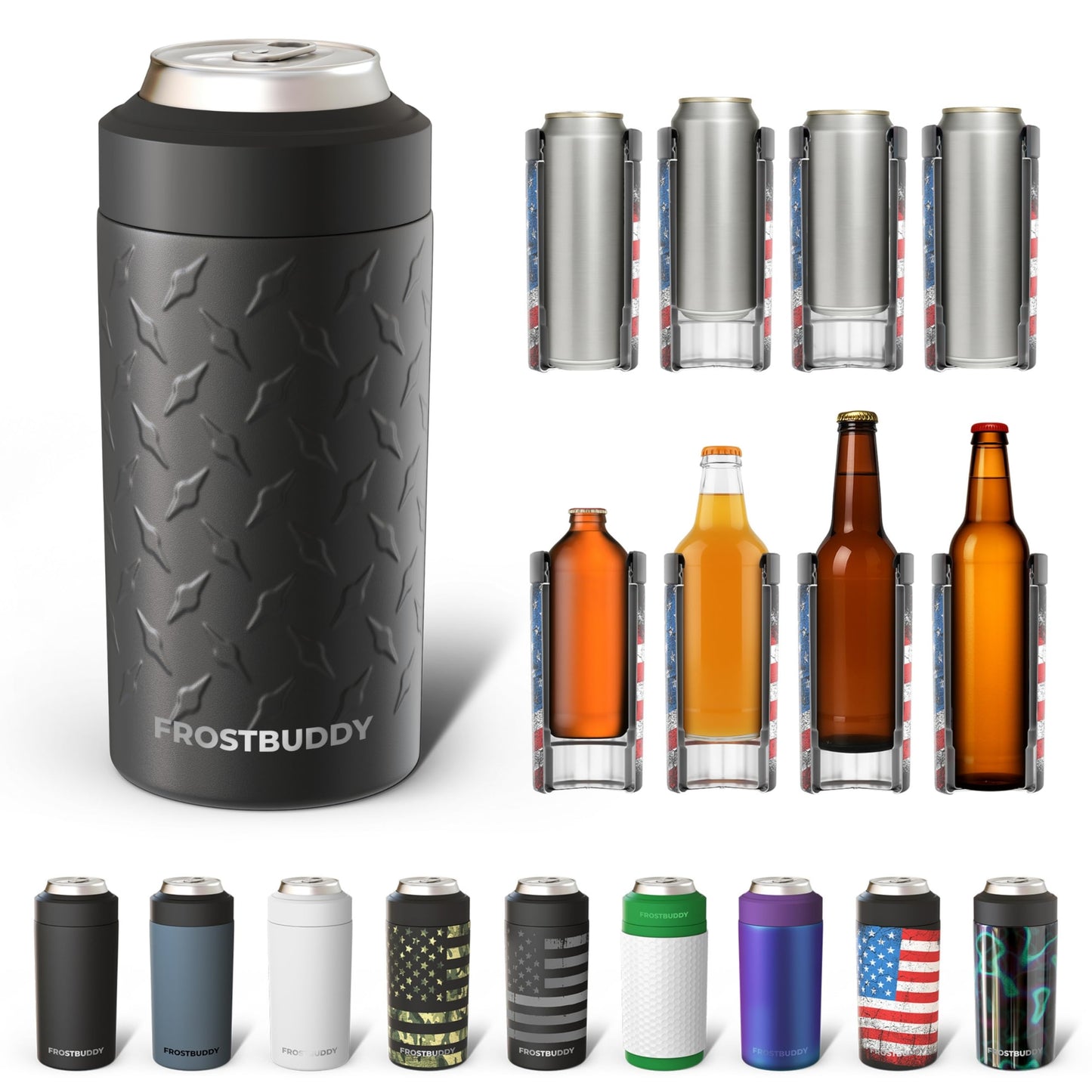 Frost Buddy Universal Buddy Can Cooler - Fits All - For Regular 12 & 16 oz or Slim-Size Bottles - Insulated Double -Walled Stainless Steel (All white)