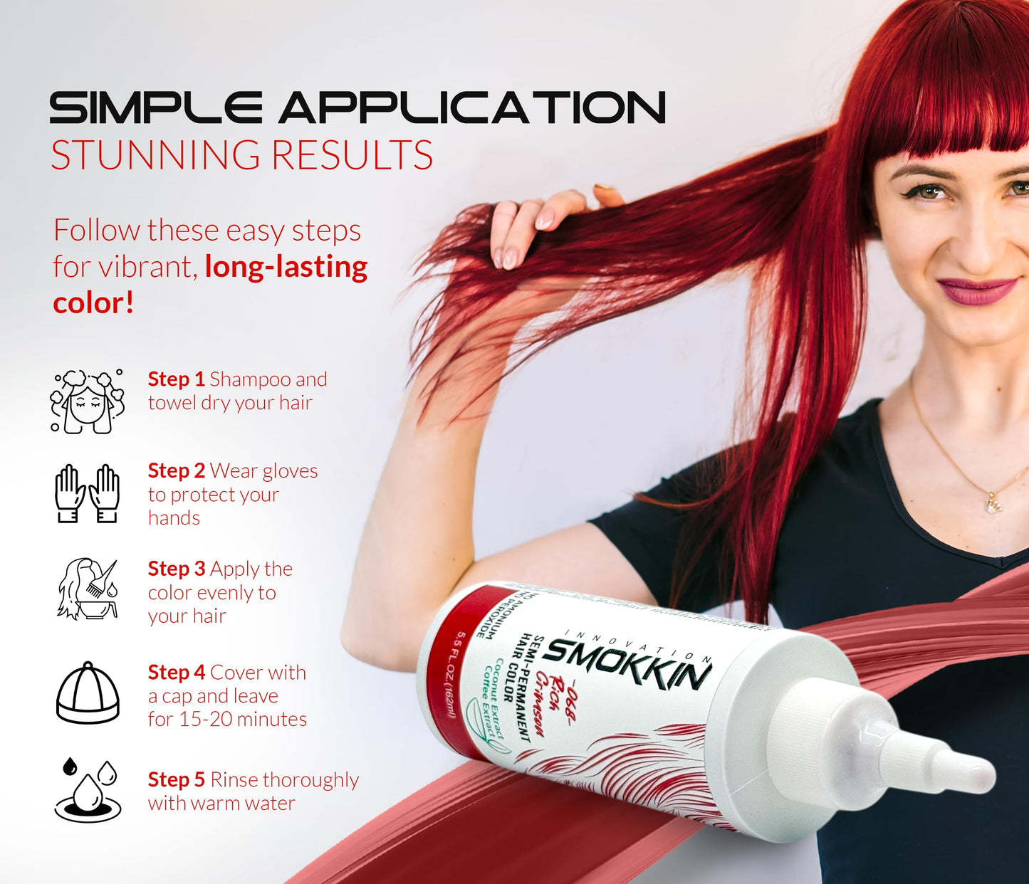 Smokkin Innovation Semi Permanent Hair Color (068 Rich Crimson) | Vegan & Clean Hair Dye for Natural Hair | No Ammonia, No Peroxide | Works on 4C Human Hair, Crochet & Braiding Hair | 5.5 Fl Oz