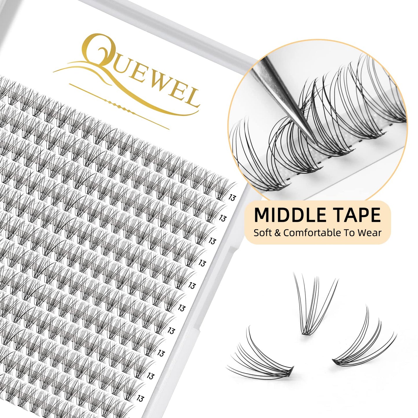 QUEWEL Cluster Lashes 240Pcs Individual Lashes 10D 0.10D Curl 13mm Knot-Free Lash Extensions Clusters Lashes Soft&Natural False Eyelashes Individual DIY Eyelash Extension at Home(10D 0.10D 13)