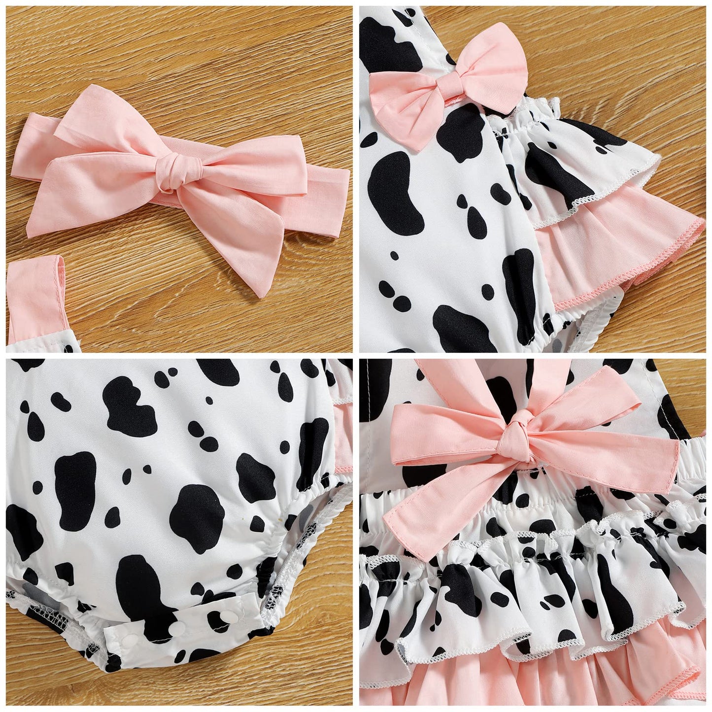 Baby Girl Romper Toddler Smash Cake Outfit Backless First Birthday Outfits Bubble Bodysuit One Piece Polka Dot Summer Clothes Casual First Communion Baby Shower Thanksgiving Pink- Cow 9-12 Months