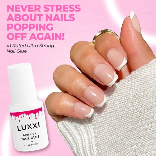 LUXXI Brush On Nail Glue for Press On Nails - Precision Applicator, Quick Air Dry Adhesive for Nail Tips, Artificial & Acrylic, Long Wear Hold, No Uv Lamp Needed | Pink Gel - 0.24oz