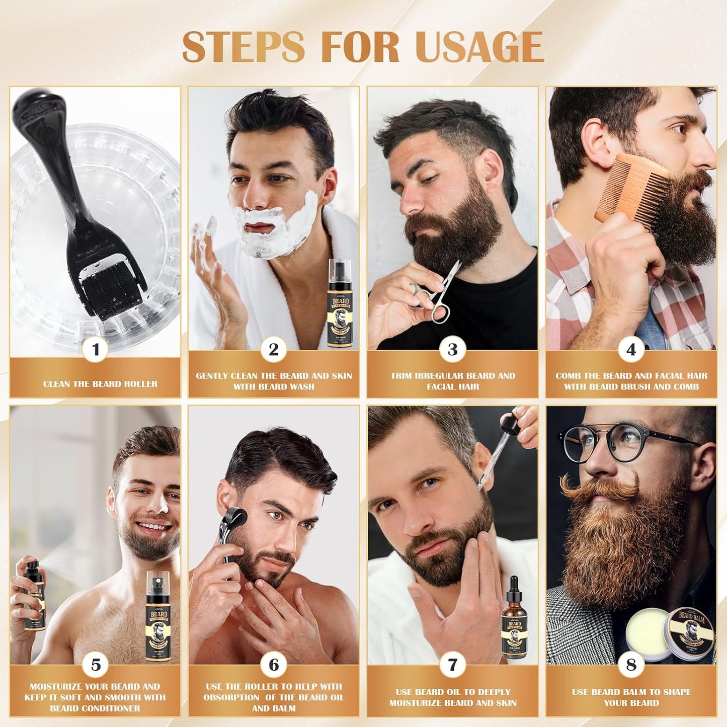 Skiennix Beard Growth Kit - Complete Grooming Set with Oil, Conditioner, Roller & Accessories