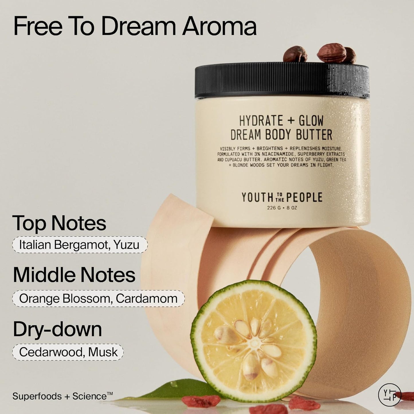 Youth To The People Superberry Body Butter - Hydrate & Brighten Skin Tone with 3% Niacinamide, 3.4 oz