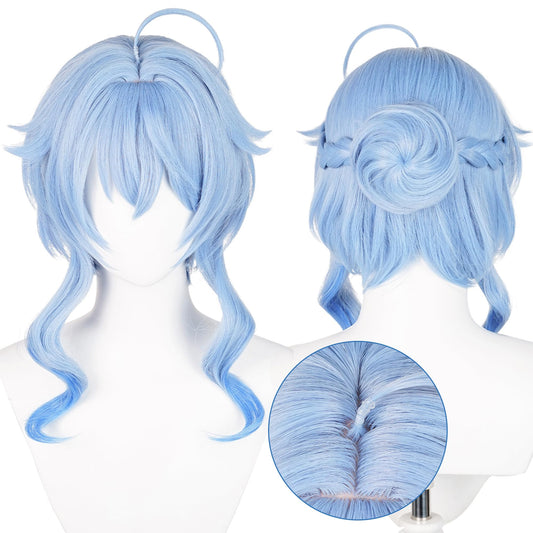 Genshin Impact Cosplay Wig for Ganyu Twilight Blossom Anime Wigs Short Blue Wavy Bun Hair Synthetic Fabric with Bangs for Women Comic Con, Cosplay Show, Halloween