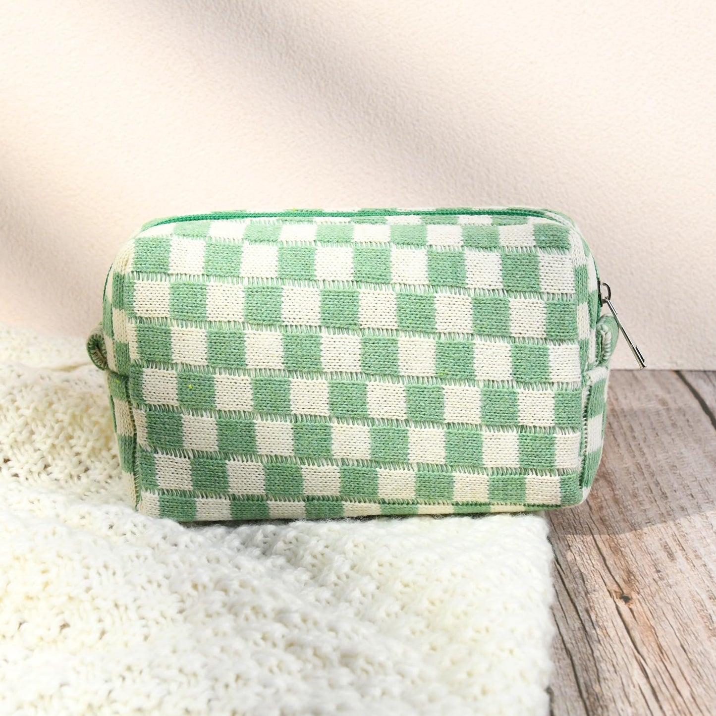 SOIDRAM 2 Pcs Checkered Makeup Bag Large Cosmetic Bag Toiletry Bag Makeup Pouch Travel Bag Organizer Cute Makeup Brushes Aesthetic Accessories Storage Bag for Women Green