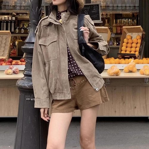 FindThy Women's Suede Leather Jacket - Vintage High Collar, Long Sleeve, Oversized Coat with Pockets