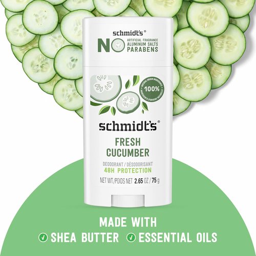 Schmidt's Aluminum-Free Vegan Deodorant - Fresh Cucumber Scent | 24-Hour Odor Protection, 2.65 oz