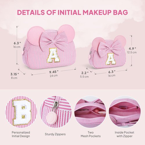 QLOVEA Birthday Gifts for Girls Kids Initial Makeup Bag Birthday Gift for 4 5 6 7 8 9 10 11 12 13 Years Old Girl Kids Pink Initial Cosmetic Travel Toiletry Bag for Girls Daughter Pink A