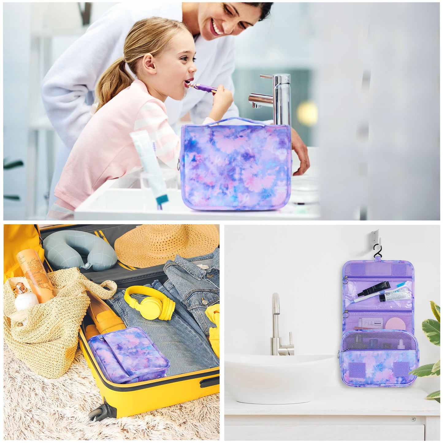 Vipdeal Kids Hanging Toiletry Bag for Girls, Travel Toiletry Bag for Little Young Girls Cosmetic Makeup Waterproof Wash Bag Toddler Traveling Toiletries, Tie Dye Purple