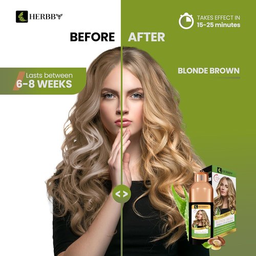 HERBBY Hair Color Shampoo - Gray Coverage & Color Transformation with 9 Herbal Extracts | Long-Lasting Shine, 500ml (Blonde Brown)