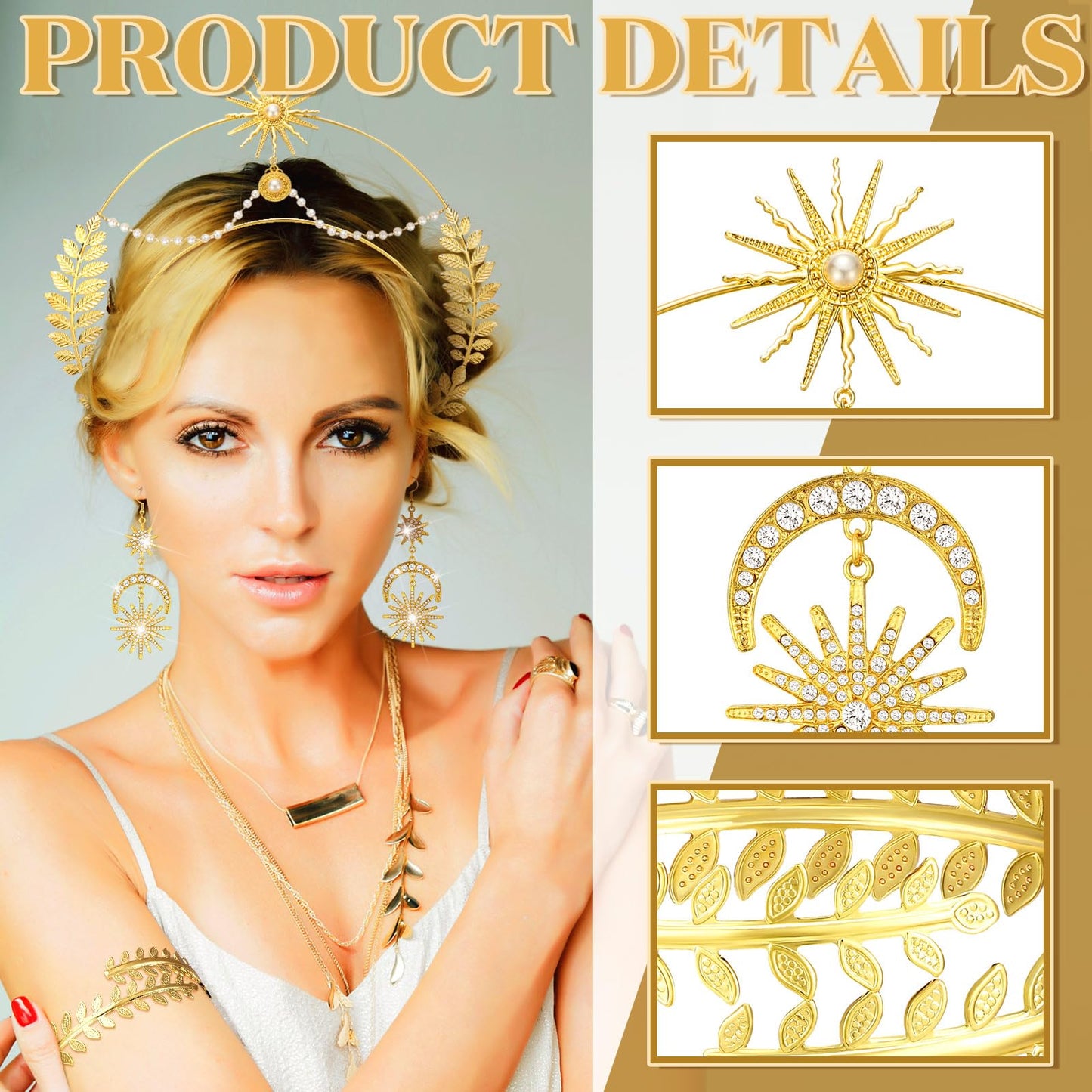 WILLBOND 15 Pieces Greek Goddess Costume Accessories Women Toga Golden Leaves Bridal Crown Headband Bracelet Pearl Earrings and Hair Pins(Boho Style)