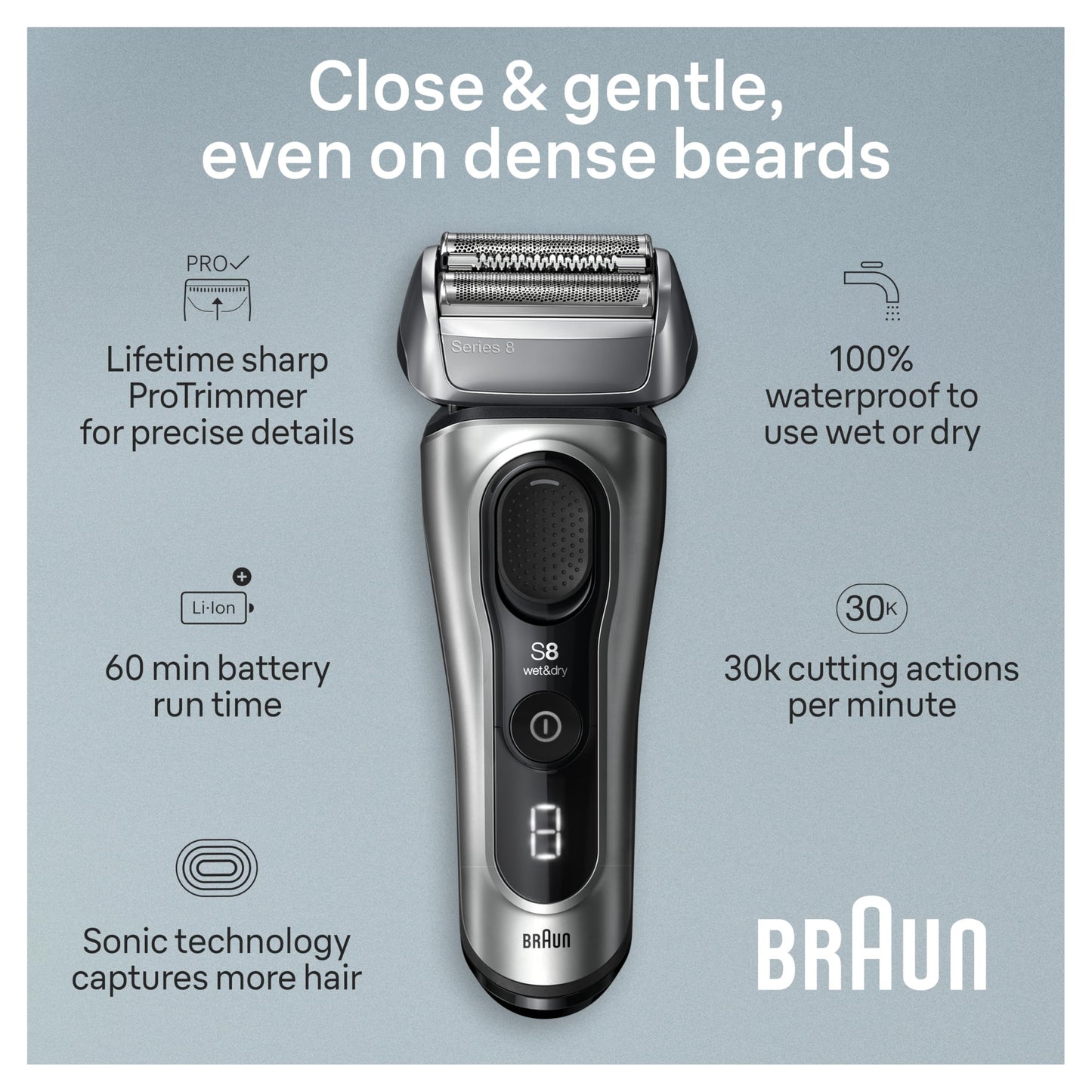 Braun Series 8 Electric Razor for Men, with 4+1 Shaving Elements & Precision Long Hair Trimmer, Close & Gentle Even on Dense Beards, Wet & Dry Electric Razor with 60min Runtime, 8517s Galvano Silver