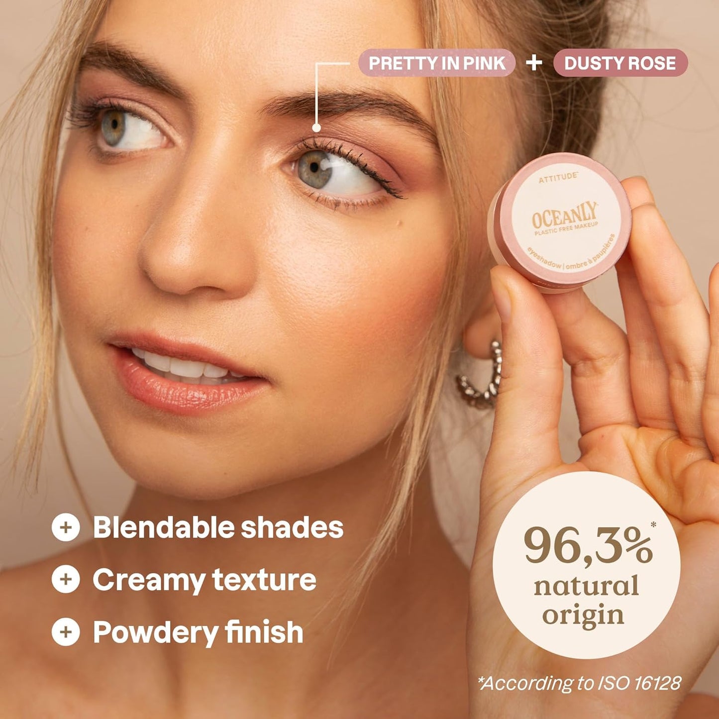 ATTITUDE Oceanly Eyeshadow - EWG Verified Shimmer Cream Makeup, Vegan & Plastic-Free, Pretty in Pink, 0.16 Fl Oz