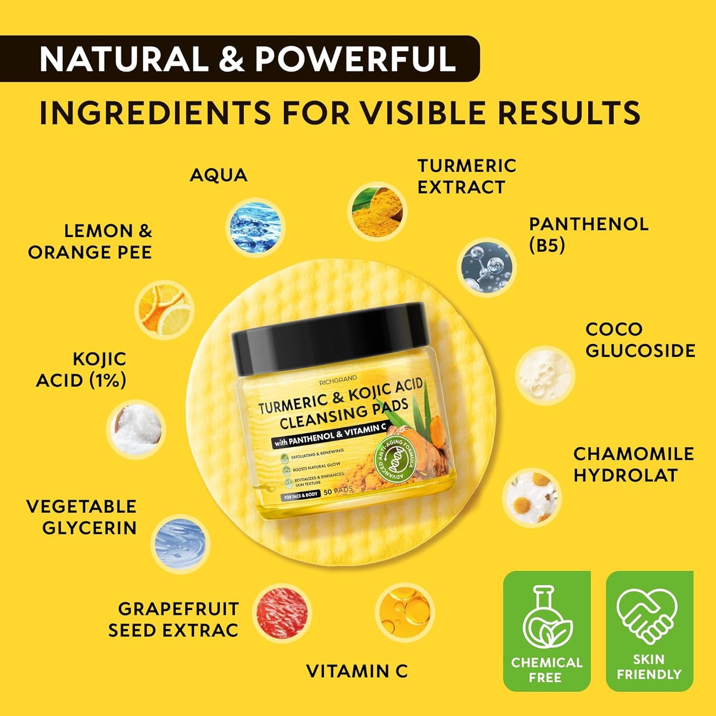 Turmeric Kojic Acid Cleansing Pads - Exfoliating Face Sponges with Vitamin C & Lemon for Glowing Skin