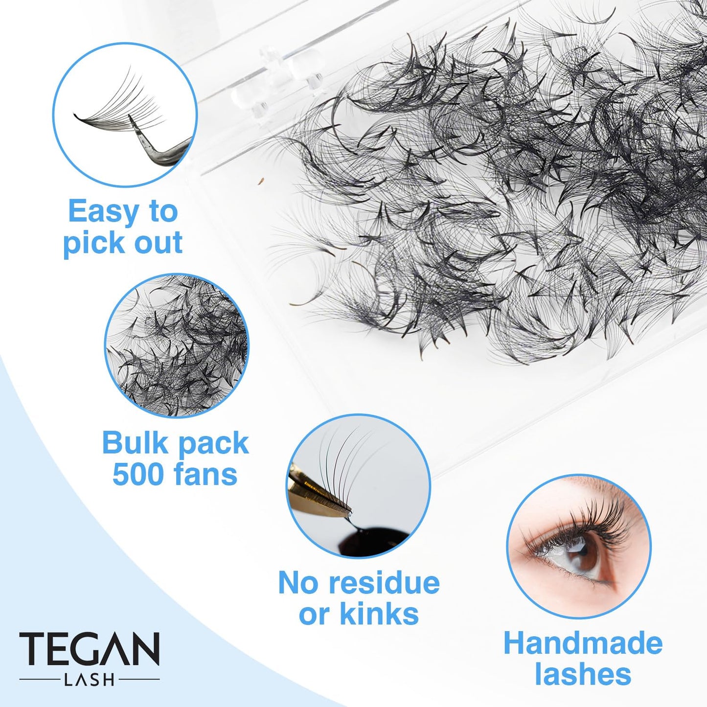 TEGAN LASH 500 Promade Fans Volume Eyelash Extensions, Handmade Loose False Eyelashes, From 3D - 16D, 0.03/0.05/0.07 Thickness, C/CC/D Curl, 9-15mm Length, Pestanas Pelo A Pelo (16D-0.03-CC-10)