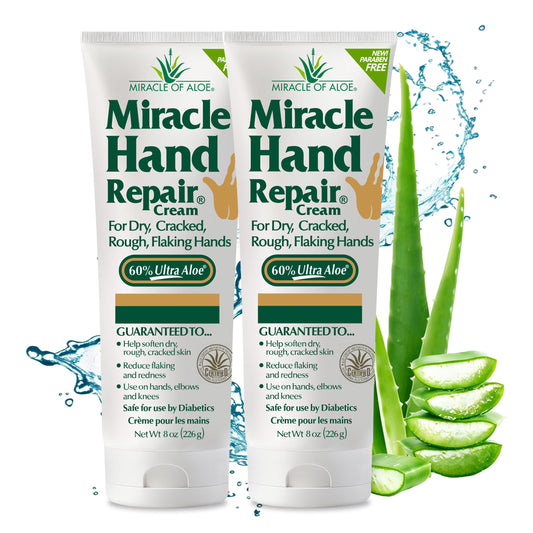 Miracle of Aloe Miracle Hand Repair Cream 8 oz Healing Aloe Vera Lotion for Dry, Cracked Hands with 60% Ultra Aloe Gel - Moisturizes, Softens, and Repairs - Non-Greasy, Lightly Scented (2-Pack)