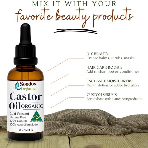 Soodox Certified Organic Castor Oil 2 Pack, 2 x 1.69 Fl Oz, 100% Pure, Cold Pressed, Hexane Free, for Hair, Scalp, Eyelashes, Eyebrows, Face & Skin, Dropper & Brushes Included, Australian Made & Owned