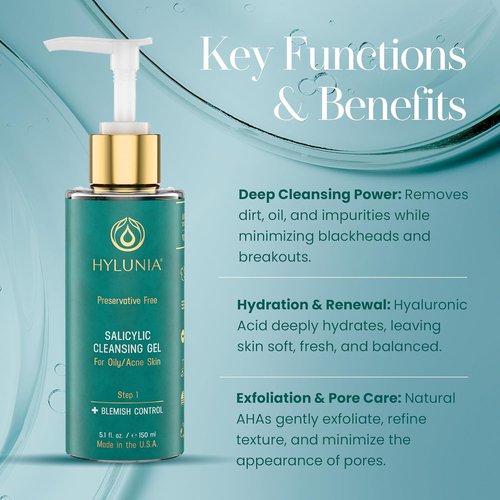 Hylunia Skincare Salicylic Facial Cleansing Gel - Deep Pore Cleanser for Oily Skin, 5.1 fl. oz.
