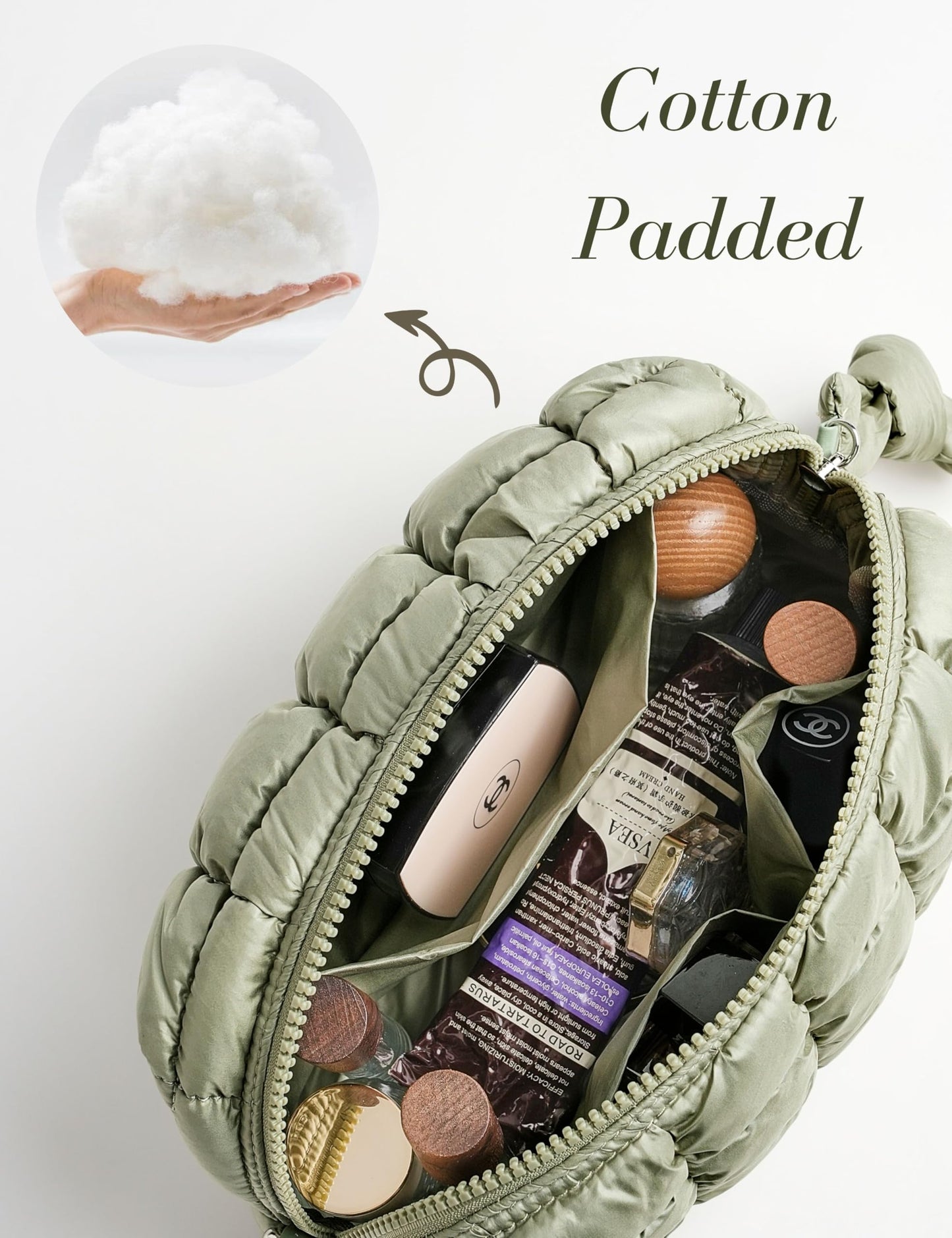 Yarnic Quilted Makeup Bag Cosmetic Bag, Travel Toiletry Bag for Women, Cute Makeup Bag Organizer Puffer Makeup Pouch (M, Sage Green)