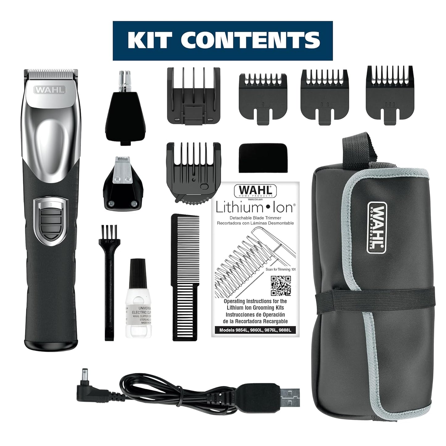 Wahl USA Beard Trimmer - Rechargeable Lithium Ion All-in-One with Detail & Ear/Nose Hair Attachment | Model 9854-600B