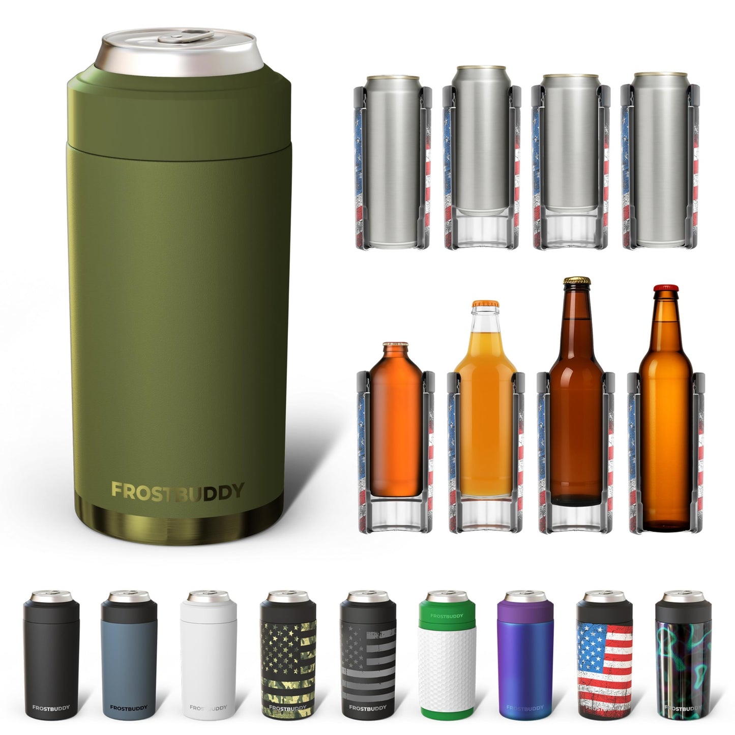 Frost Buddy Universal Buddy Can Cooler - Fits All - For Regular 12 & 16 oz or Slim-Size Bottles - Insulated Double -Walled Stainless Steel (All white)