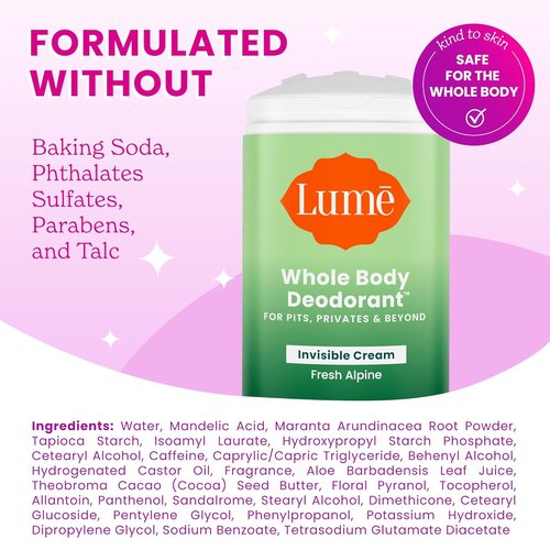 Lume Whole Body Deodorant - Invisible Cream Stick for 72-Hour Odor Control - Aluminum & Baking Soda Free - 2.2 Oz (Pack of 2) | Fresh Alpine