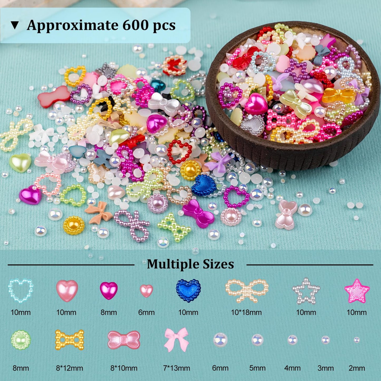 600Pcs 3D Multi Shapes Nail Charms and Flatback Pearls, Beige Mix Styles Heart Star Bow Sunflower Embellishments for Nail Art, Craft and Decoration with Glue Gel, Tweezer and Pickup Pencil