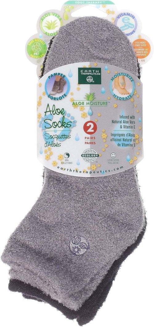 Earth Therapeutics Aloe Socks - Soft and Moisturizing - Gray/Black Double Pack (2 Pairs)