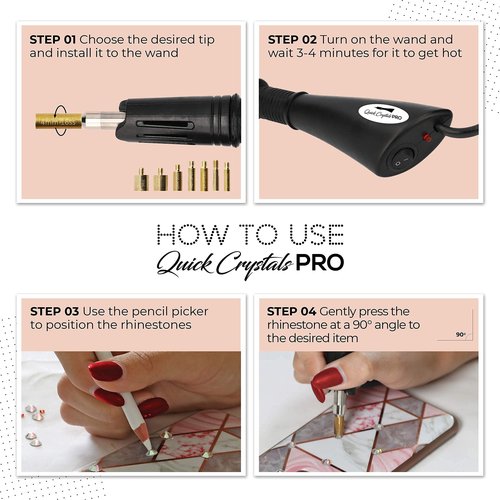 Quick Crystals Pro Hotfix Applicator, Bedazzler Kit with Rhinestones, DIY Wand Setter Tool Kit with 7 Different Tip Sizes, Tweezers, Cleaning Brush, User Manual, and 4400 Rhinestones - Black