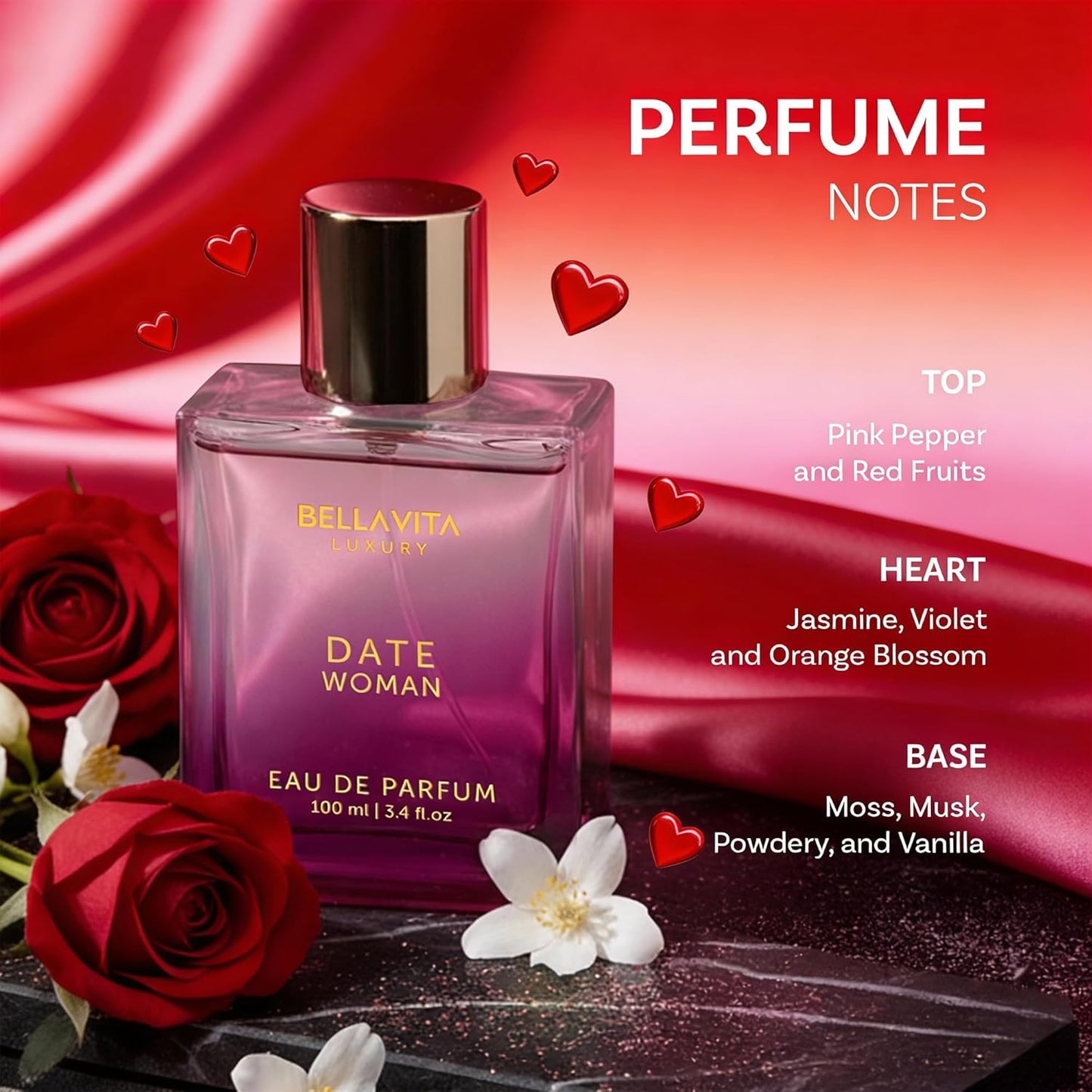 Bellavita Luxury DATE Eau de Parfum - 100 ml | Floral Women's Perfume with Pink Pepper & Jasmine Notes