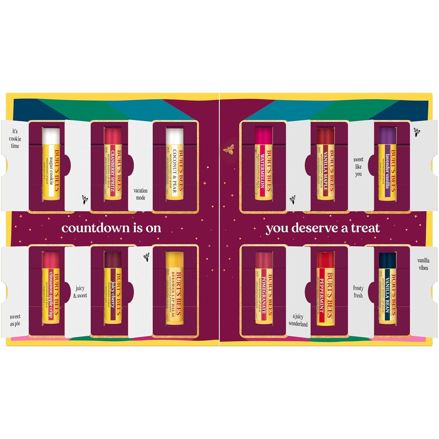 Burt’s Bees Advent Calendar - 12 Natural Lip Balms for 24-Hour Moisture | Juicy Cherry & More, 0.15 Oz Each