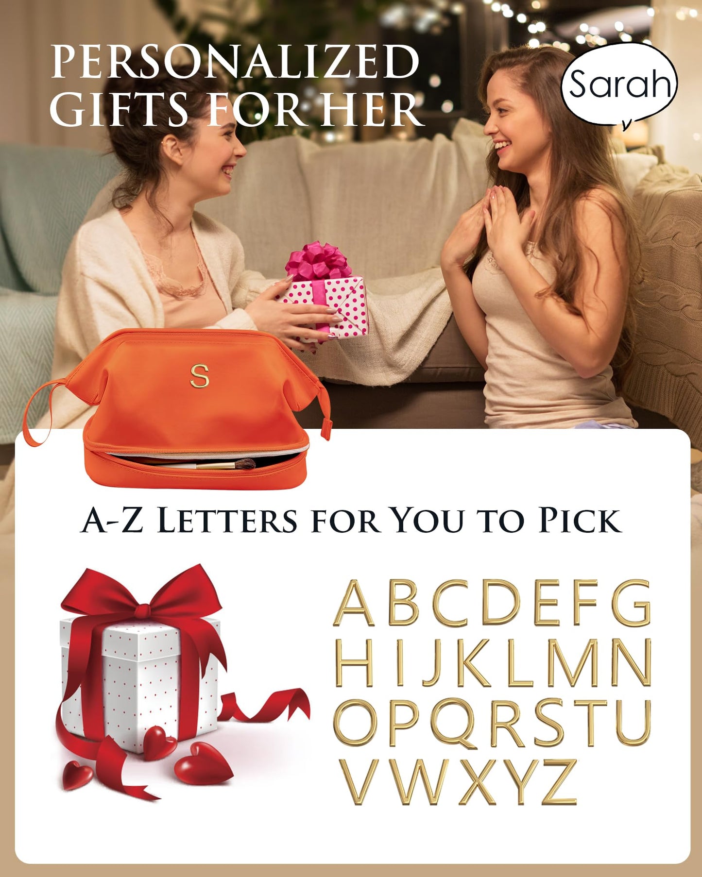 Vogewood Gifts for Women, Initial Large Makeup Bag, Travel Essentials, Personalized Double Layer Cosmetic Bag with Makeup Brush Organizer, PU Leather Travel Toiletry Bag, Gifts for Friends Female Mom