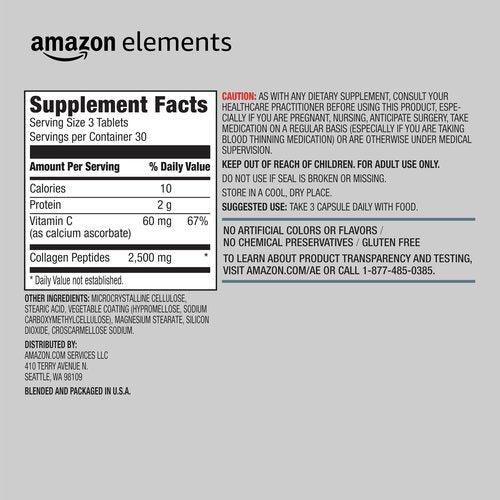 Amazon Elements Collagen Peptides + Vitamin C, 2500mg Collagen Peptides, Gluten Free, 90 Tablets, 1 Month Supply