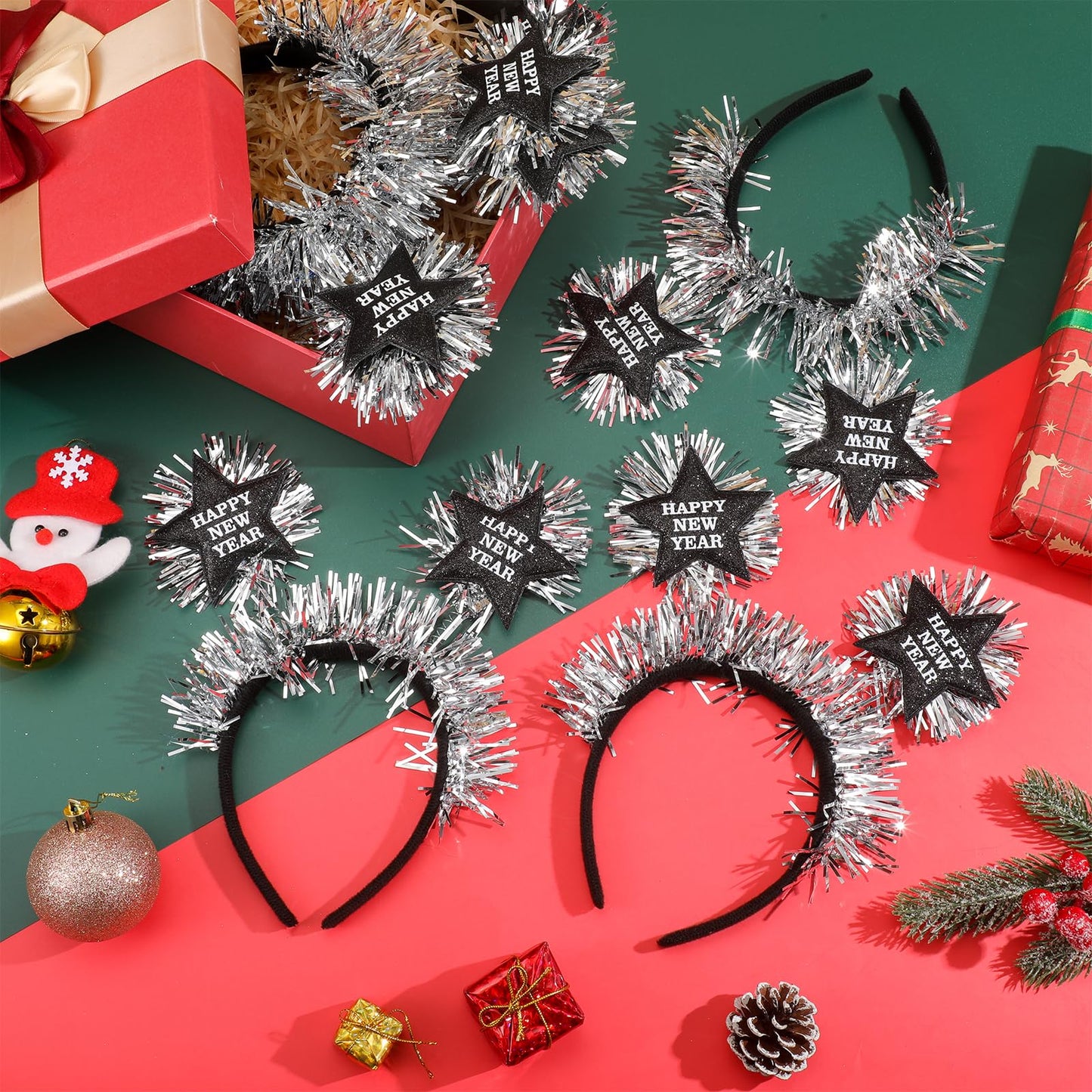 Yuxung 12 Pcs Happy New Year Headband with Star Flashing Headband 2024 New Year Eve Hair Hoop Headdress Hair Accessories Silver Wire Adult Kids Holiday Party Supplies Favors