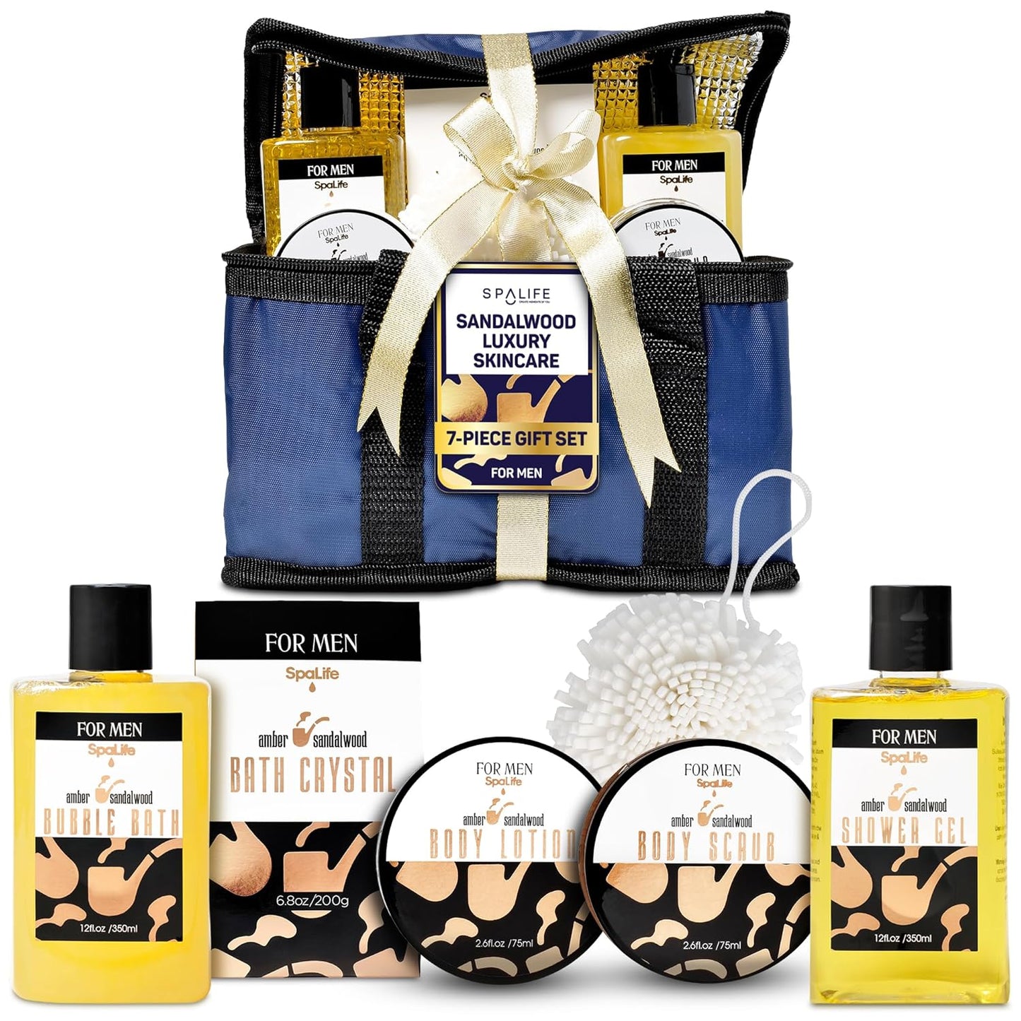 SpaLife Luxury Spa Sandalwood Gift Set for Men - 7-Piece Body Wash & Skincare Bundle