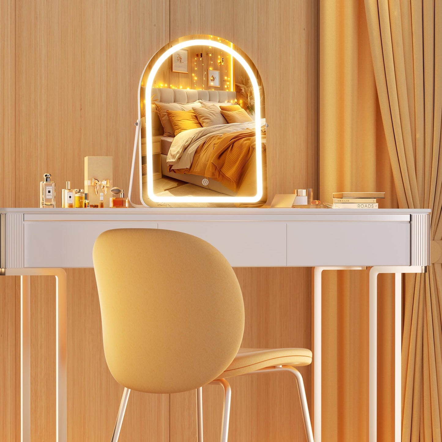 Hasipu Vanity Mirror with Lights, 12"× 14" Arched LED Makeup Mirror, Lighted Makeup Mirror with Lights, Smart Touch Control Dimmable 3 Modes Light 360°Rotation White