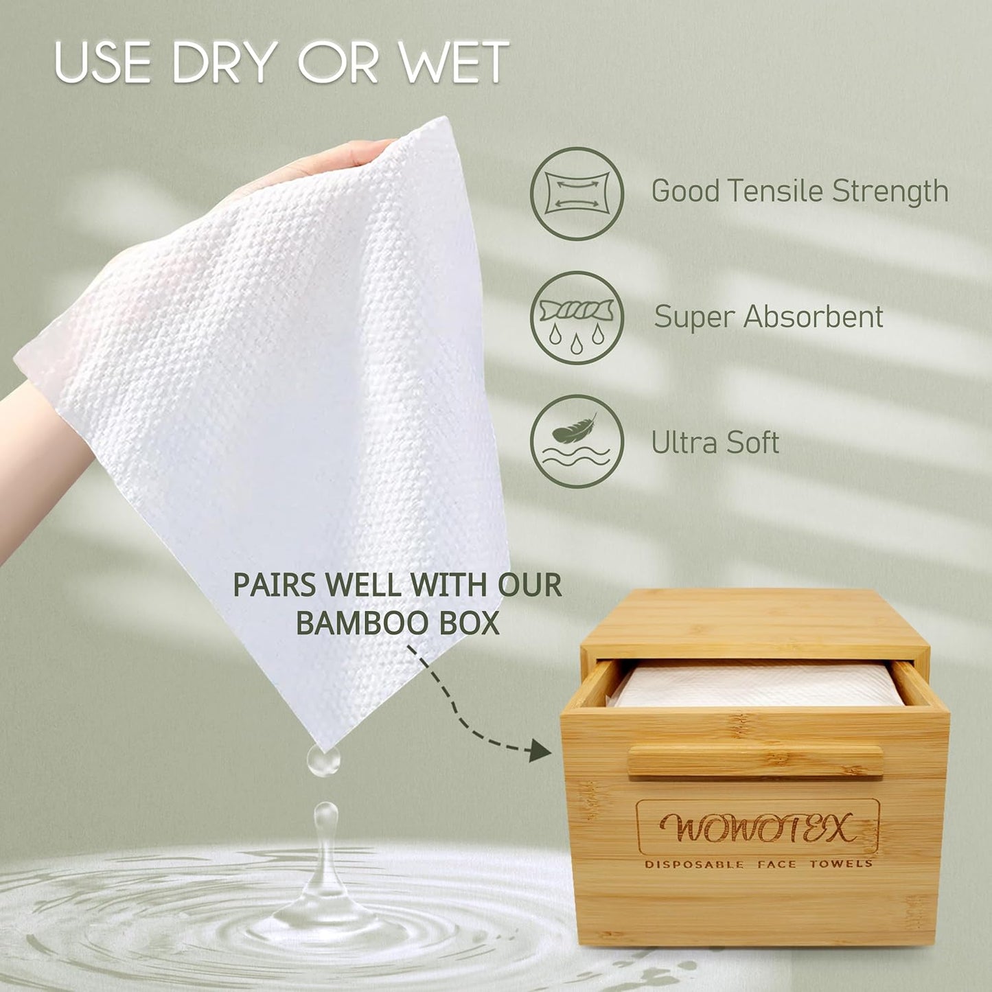 WOWOTEX Disposable Face Towels - Biodegradable Large Dry Wipes | Extra Thick & Soft for Sensitive Skin - 240 Count