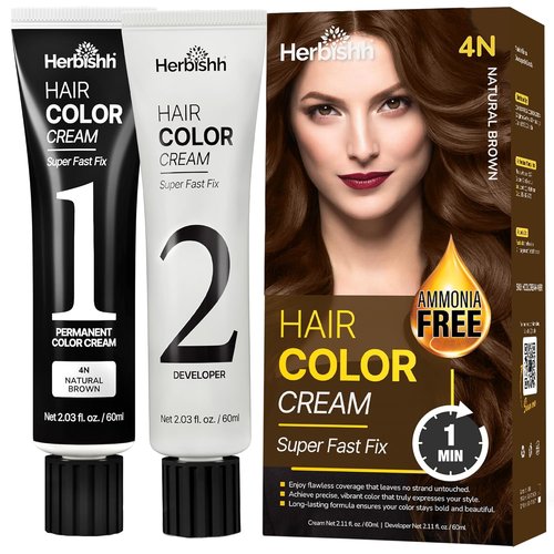 Herbishh 1-Minute Korean Hair Dye Cream - Ammonia-Free Natural Brown for Gray Coverage | 2.03 fl oz Each