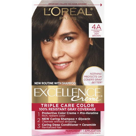 L'Oreal Paris Excellence Creme Permanent Triple Care Hair Color, 4A Dark Ash Brown, Gray Coverage For Up to 8 Weeks, All Hair Types, Pack of 1