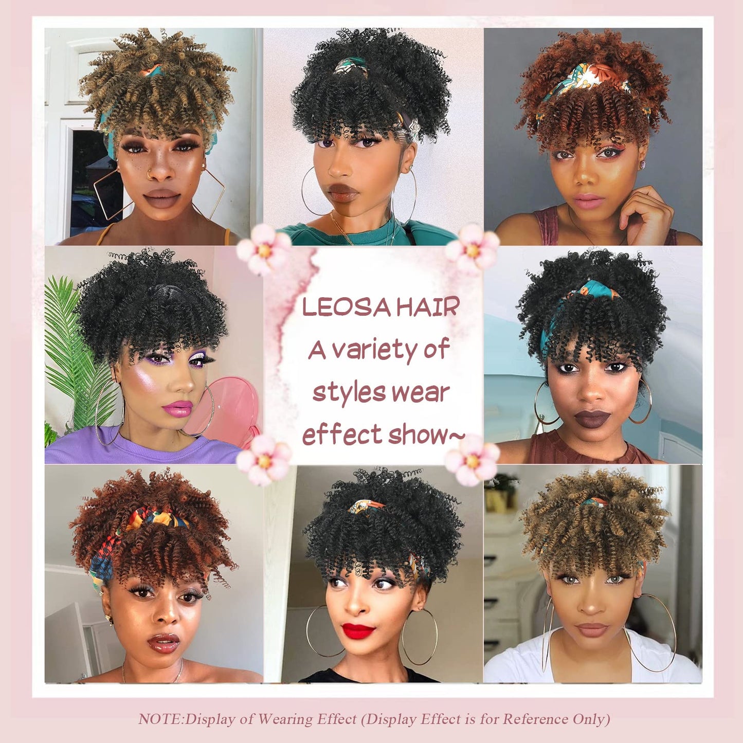 LEOSA Afro Curly Headband Wig with Bangs Short Afro Black Headband Wigs for Black Women Kinky Curly Afro Puff with Bangs Drawstring Ponytail Extension for Black Women