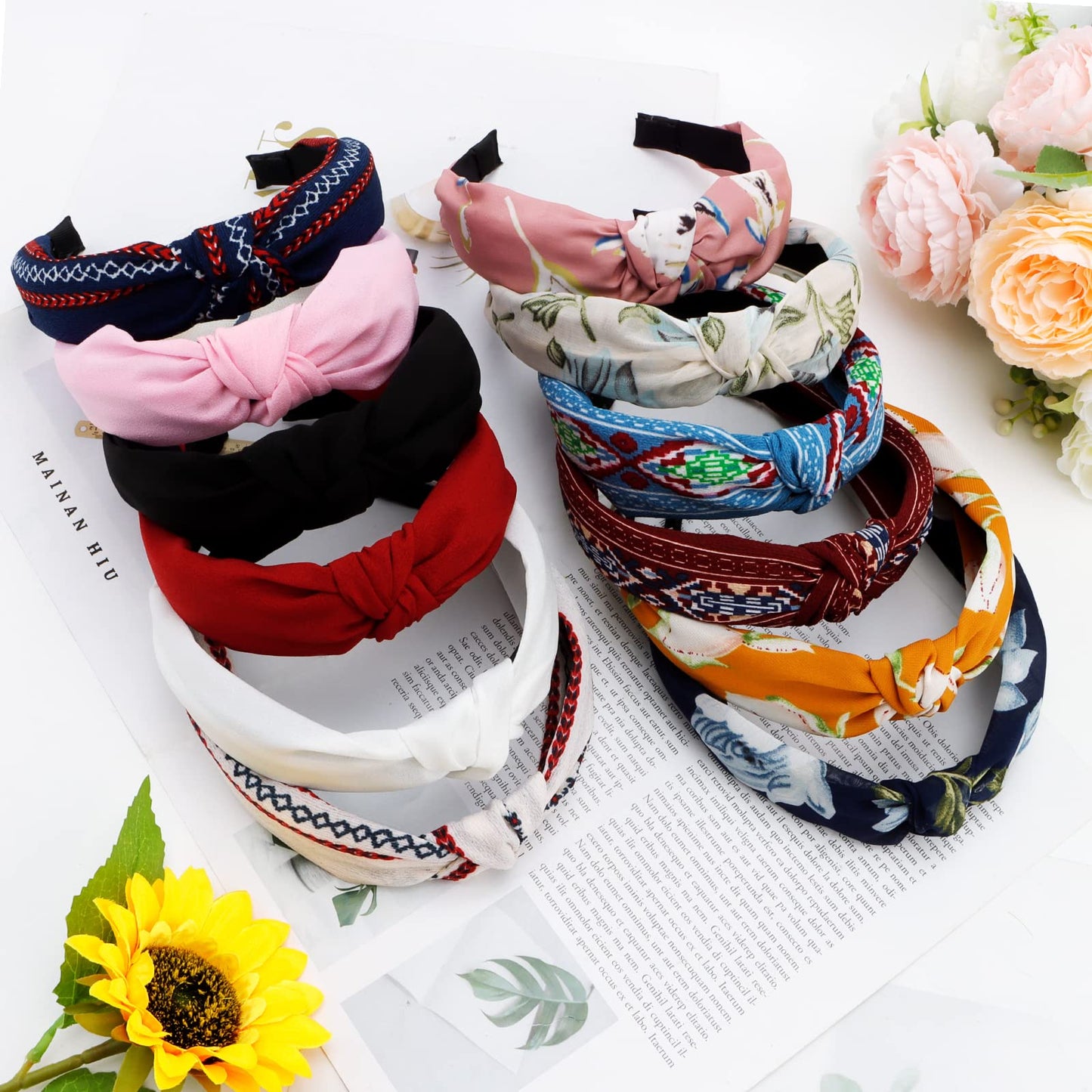 VELSCRUN 12 Pack Flower Headbands for Women - Non-Slip Wide Boho Knotted Hair Accessories, Cute Fashion Headbands, Birthday Gift Set