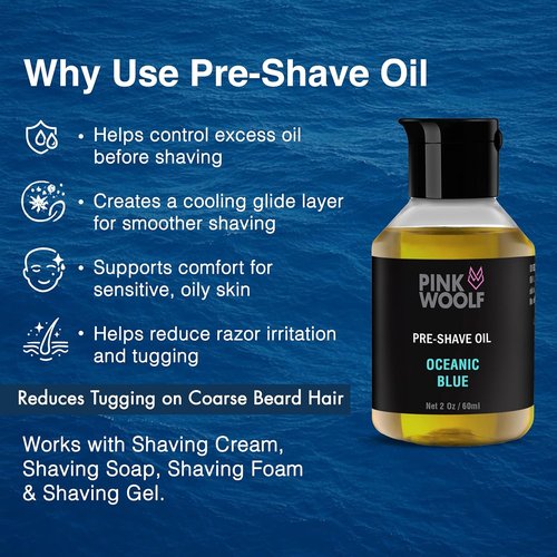 Pink Woolf Pre Shave Oil for Men - Oceanic Blue Shaving Oil for Smooth Razor Glide - Reduces Razor Burn & Irritation - 2 Fl Oz