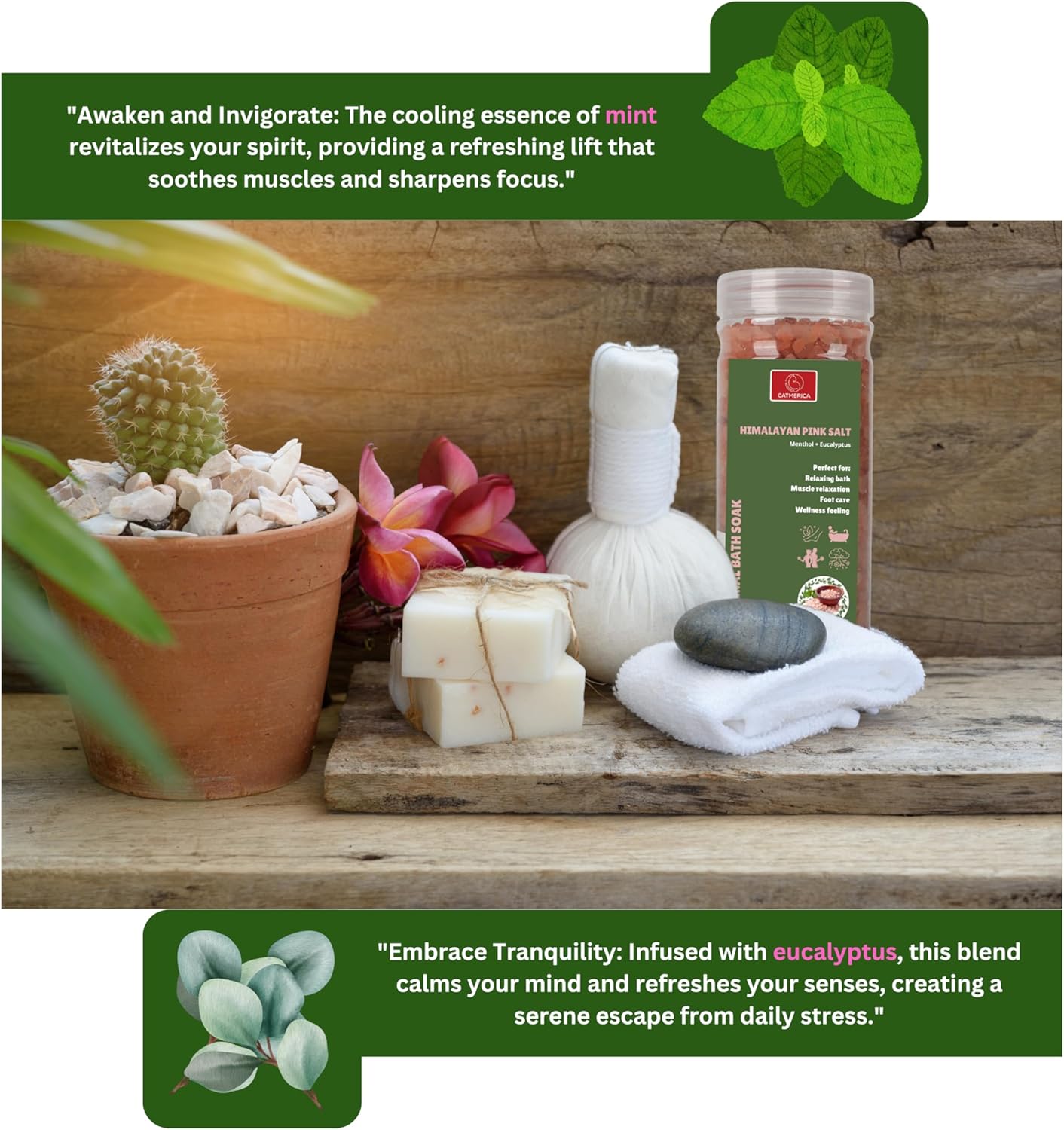 CATMERICA Pink Himalayan Bath Salt - Eucalyptus & Mint Scent for Aromatherapy & Relaxation | Wellness & Muscle Recovery