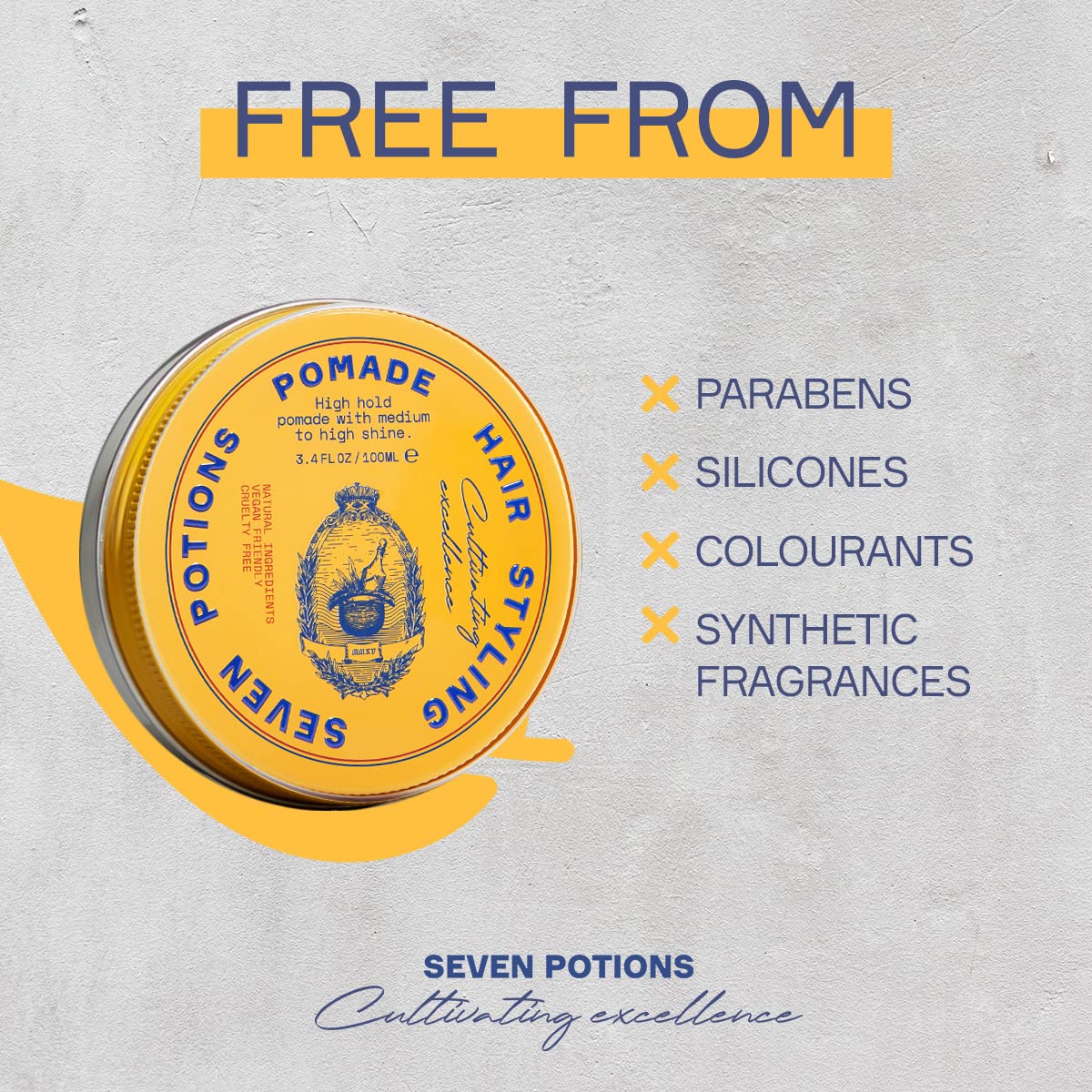 Seven Potions Men’s Hair Pomade - High Shine & Hold | Water-Based, Vegan & Cruelty-Free - 3.4 fl oz / 100ml