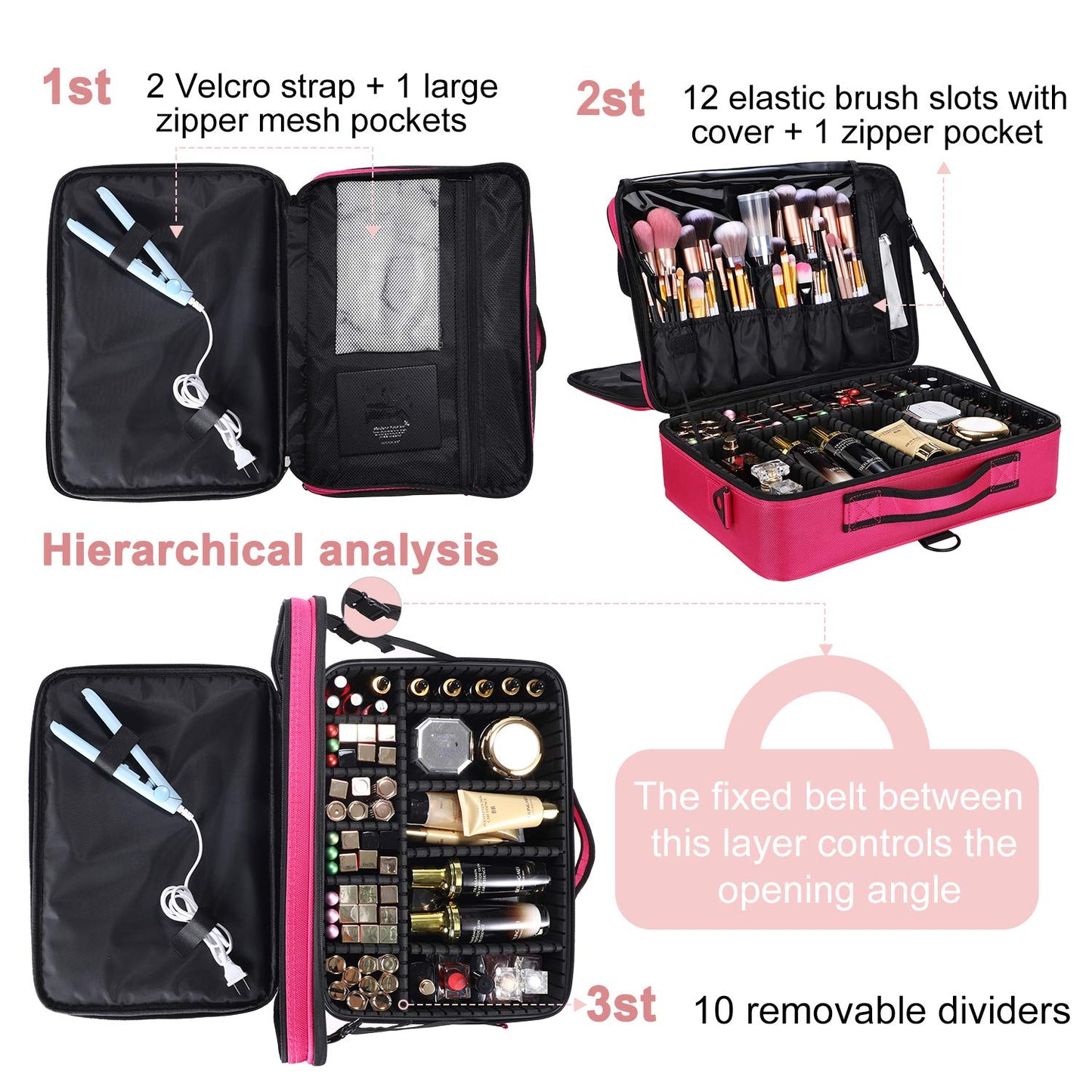 JOURMON Travel Makeup Case Portable Makeup Train Case Organizer Cosmetic Bag with Adjustable Dividers and Shoulder Strap for Makeup Brushes Toiletry Travel Accessories(Rose Red, L)