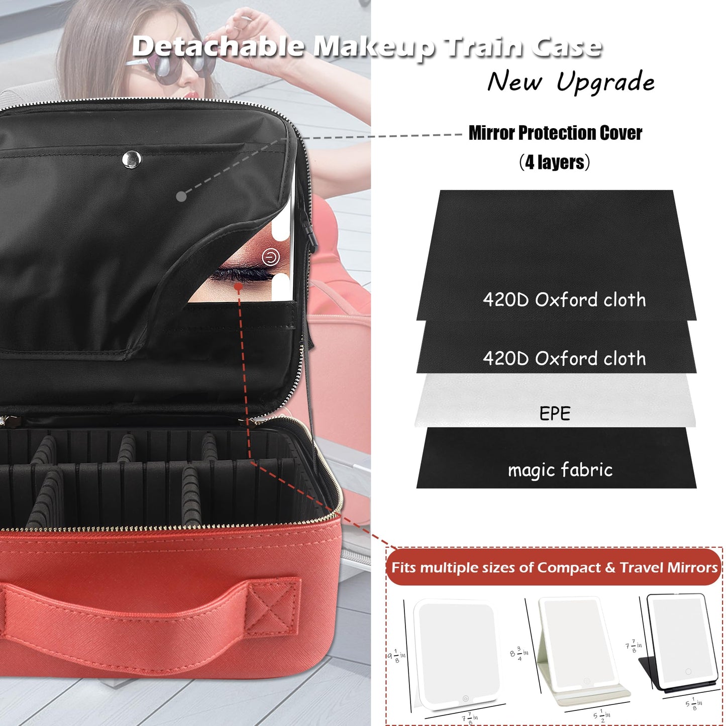 MOMIRA Travel Makeup Bag Cosmetic Bag Makeup Organizer Bag with Large Lighted Mirror 3 Color Scenarios Adjustable Brightness,Red